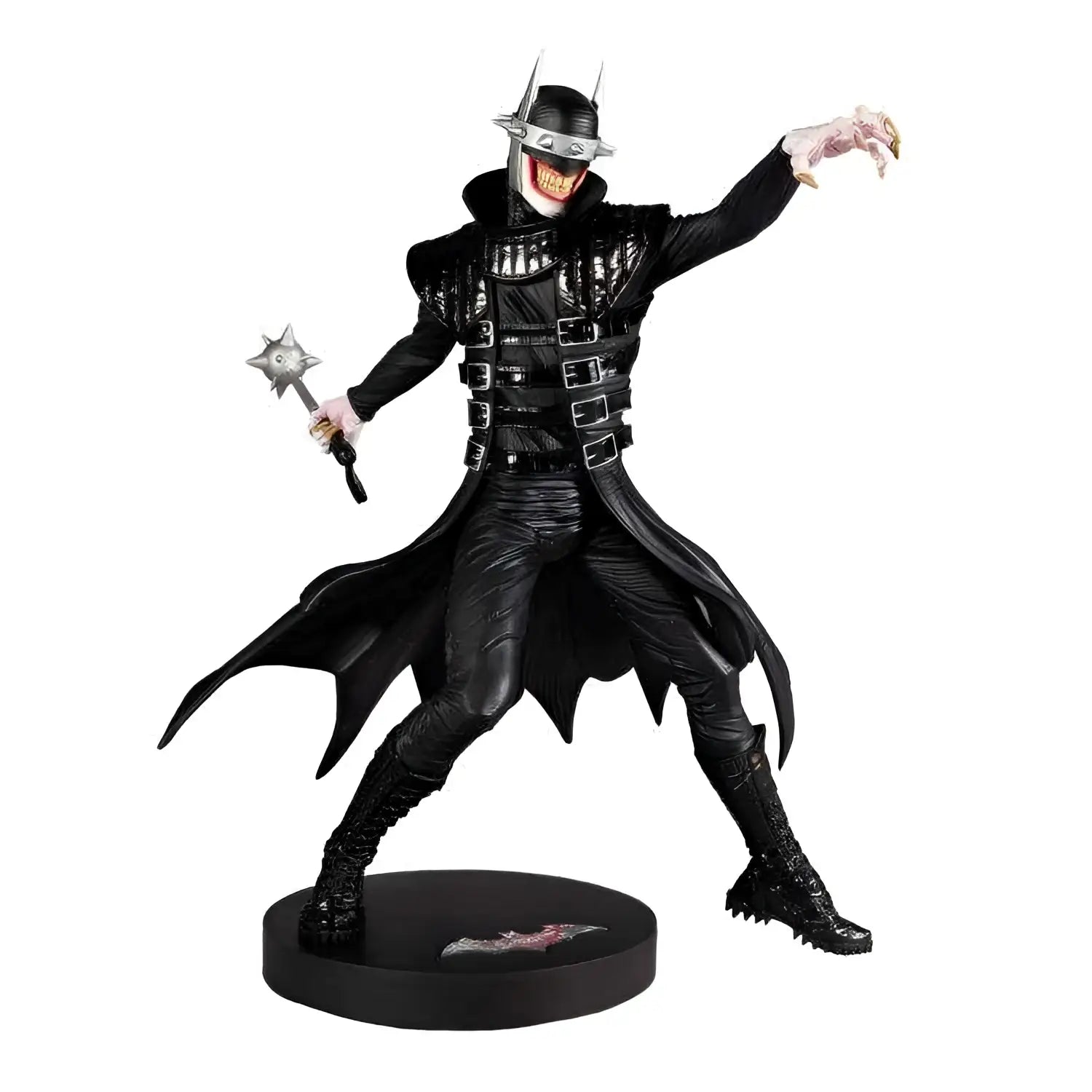 Svart Batman-skurkfigur med silverhjälm och spikad slägga, Greg Capullo-staty