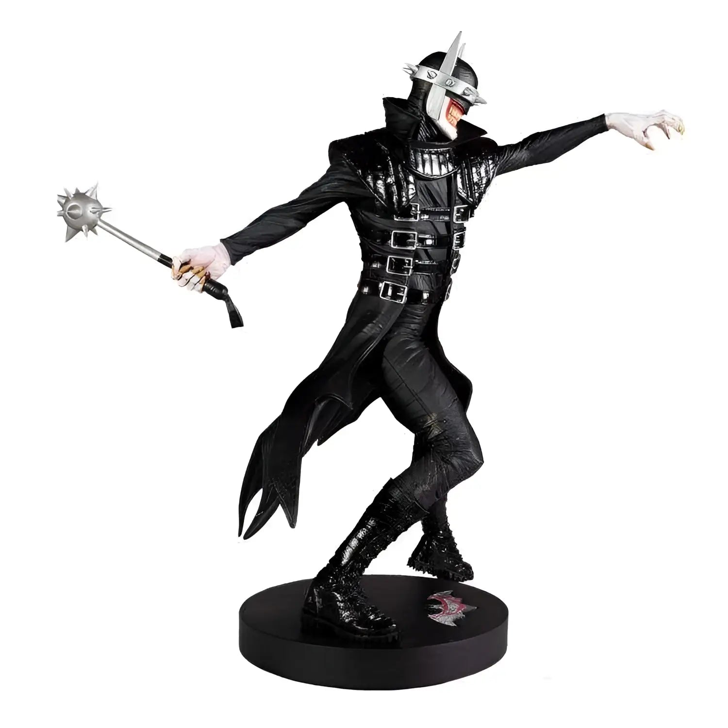 Svart rustad Batman Who Laughs-staty av Greg Capullo med silverhjälm och spikad mace på rund bas