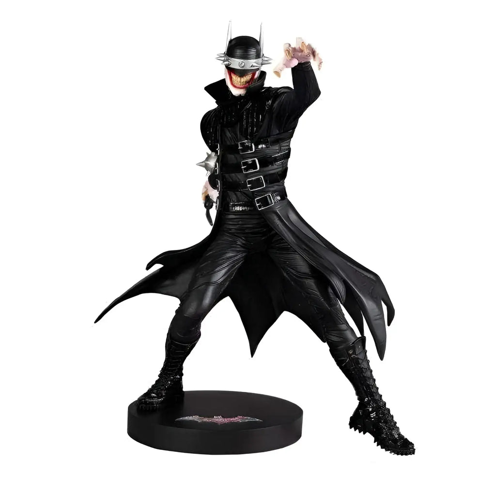 Svart Batman Who Laughs-figur av Greg Capullo med hotfullt flin, läderliknande kostym och spikad hjälm