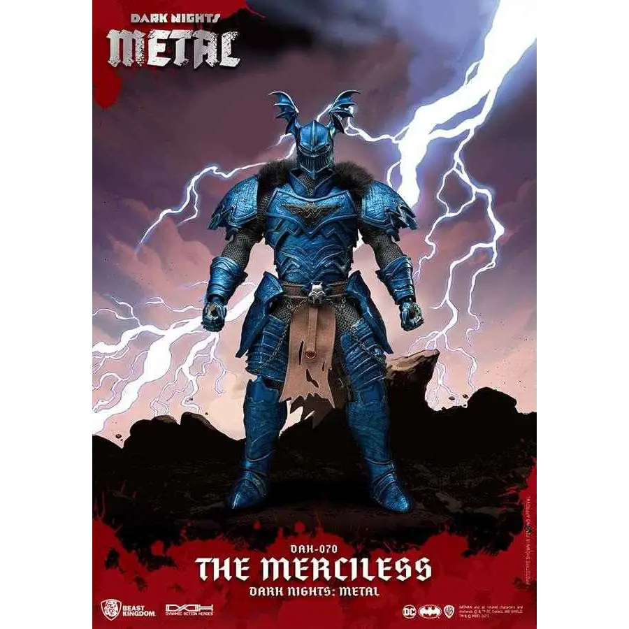 Blå metallisk rustningfigur med vingad hjälm och pelskant, The Merciless från Dark Nights: Metal, Beath Metal Batman DAH
