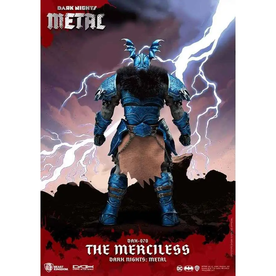 Blå metallisk rustning med svart pälskant, figur av The Merciless från Dark Nights: Metal