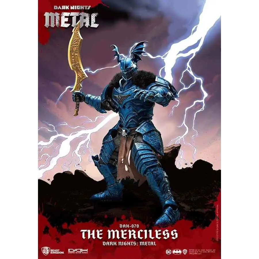 Blå metallisk rustning med guldsvärd, The Merciless från Dark Nights: Metal