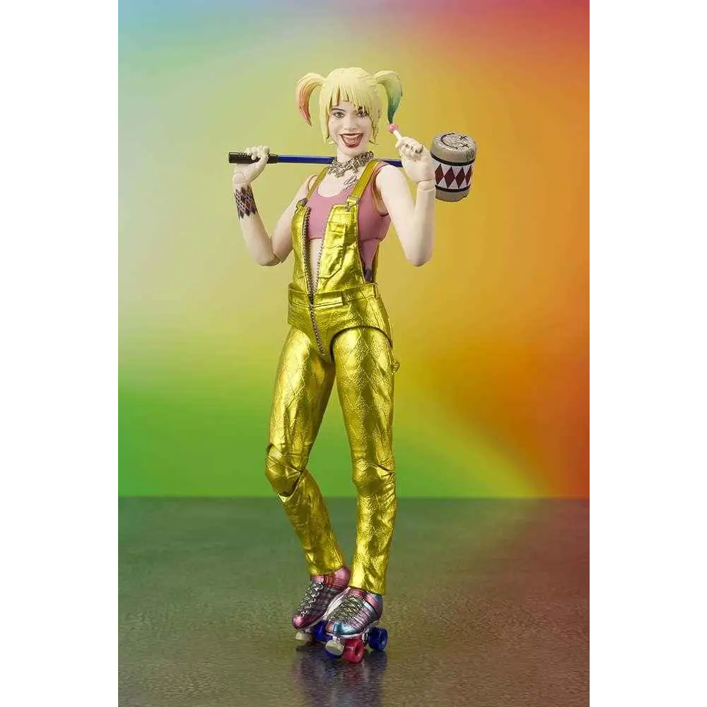 S.h.figuarts Birds of Prey Harley Quinn-figur med guldfärgade overaller, rosa topp och regnbågsflätor