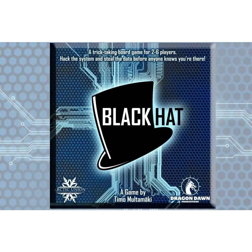 Black Hat Brädspelet-låda med svart hattsilhuett mot blå kretskortsbakgrund