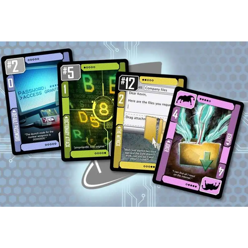 Fyra digitala Black Hat Brädspelet-kort med svarta ramar på blå, grön, gul och lila bakgrund