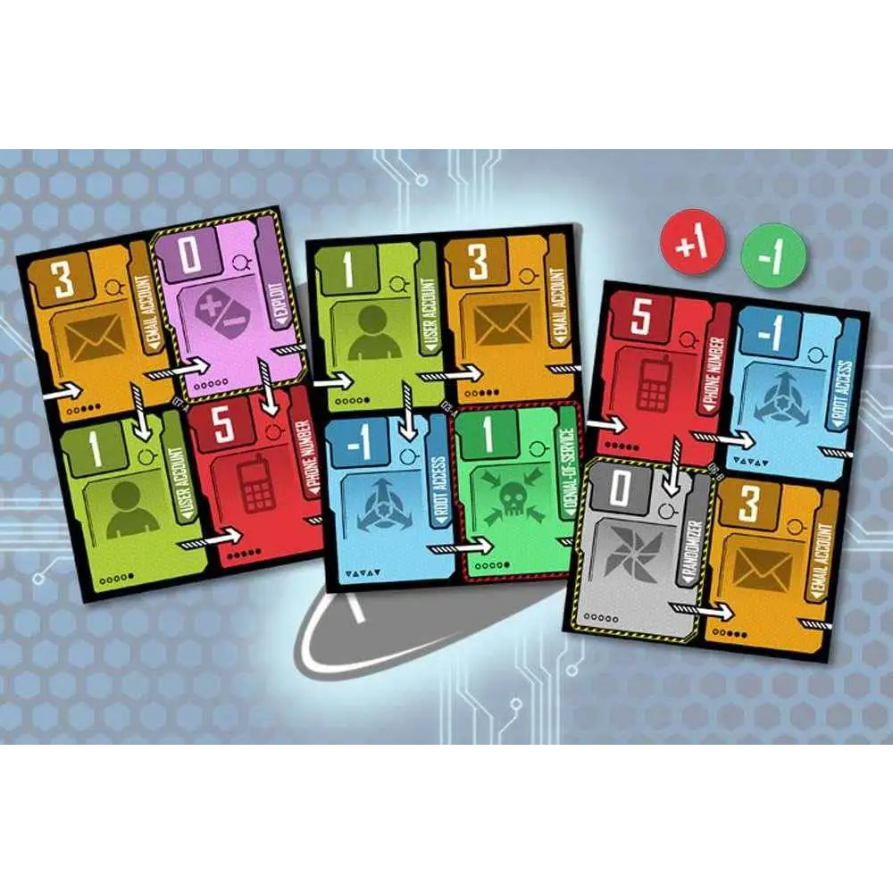 Färgrika spelkort med ikoner och siffror på kretskortsbakgrund i Black Hat Brädspelet