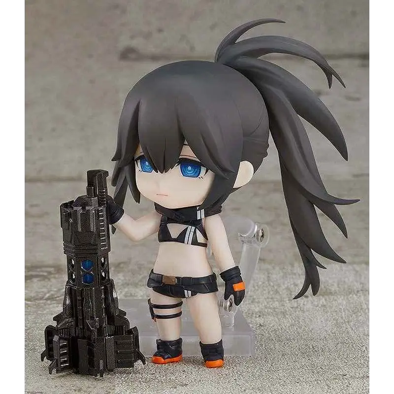 Nendoroid Black Rock Shooter: Dawn Fall Empress-figur med svart hår, blå ögon och svartvit taktisk outfit med orange accenter