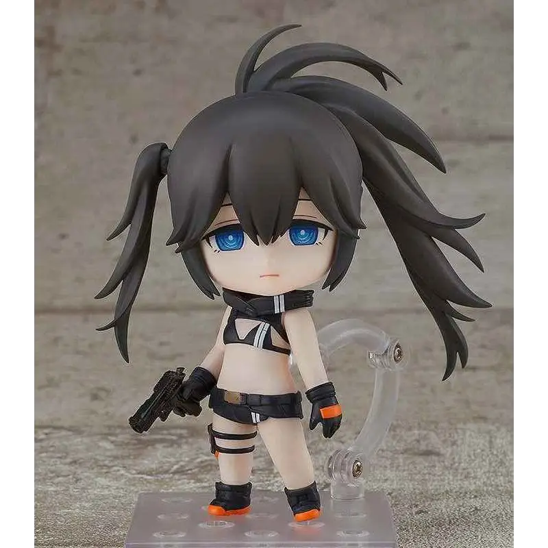 Black Rock Shooter: Dawn Fall Empress Nendoroid-figur av svart hårig anime-tjej med blå ögon i svartvit taktisk outfit med orange detaljer på handskar och stövlar