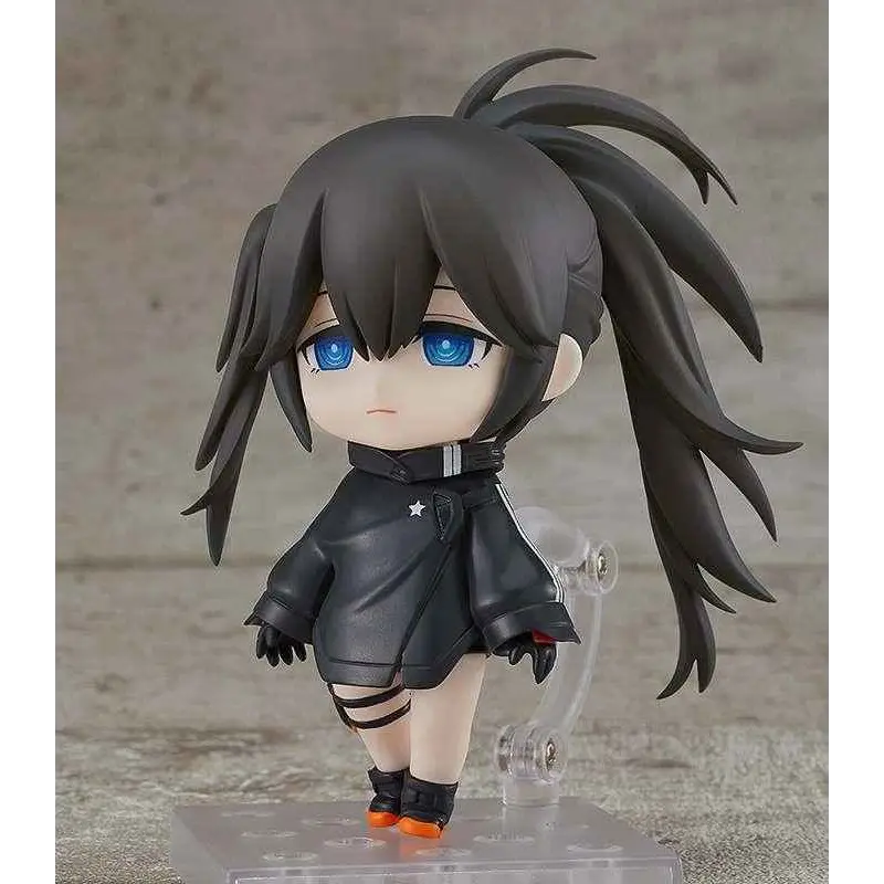 Black Rock Shooter: Dawn Fall Empress Nendoroid-figur med svart hår, blå ögon och glansig svart jacka med vita stjärn- och randdetaljer
