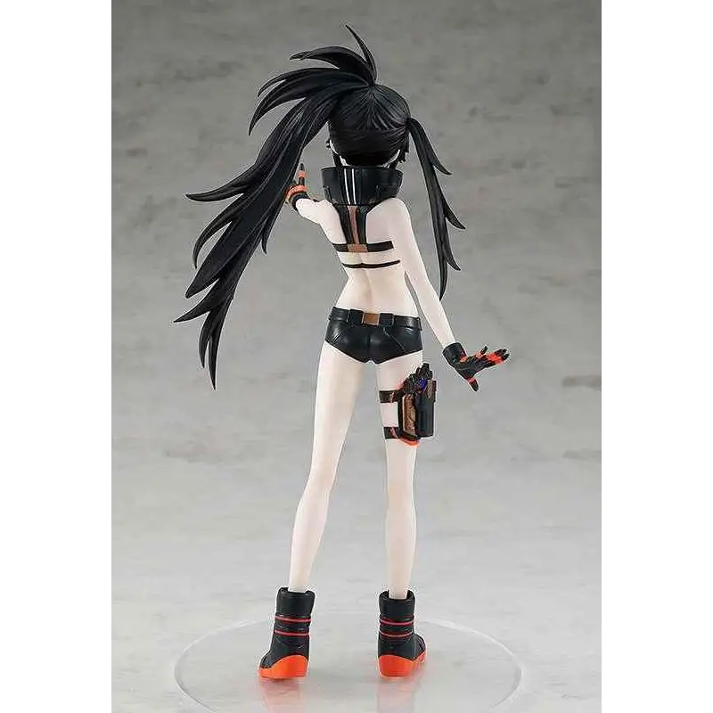 Svart och orange pansrad figur med långt svart hår i vit bodysuit med bruna remmar, Black Rock Shooter Empress Down Fall