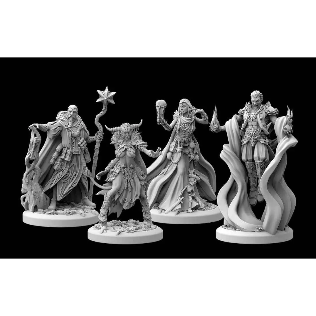 Fyra detaljerade fantasy-miniatyrer från Black Rose War - Fransk Utgåva, monokrom