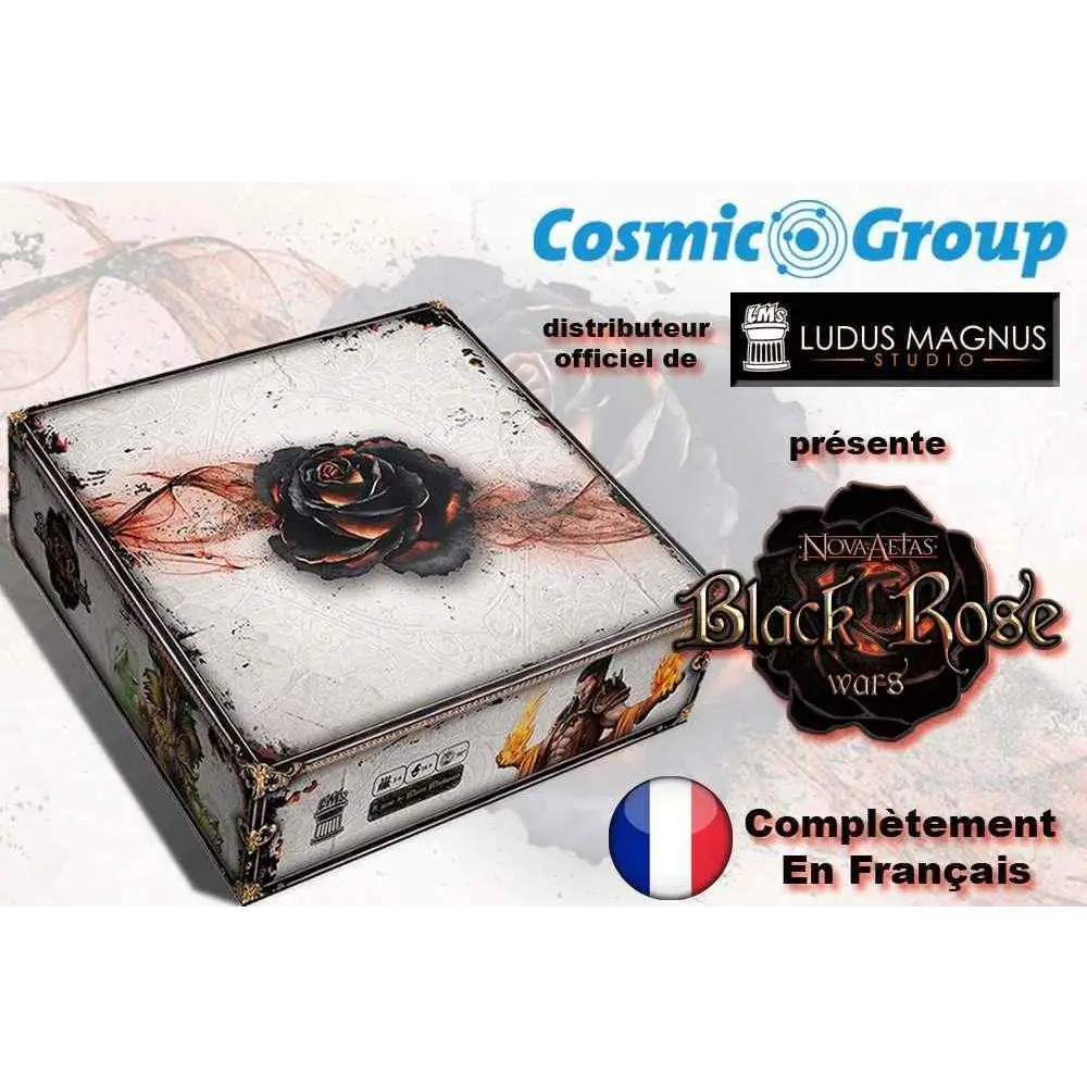 Vit svart kartonglåda med sliten textur och svart rosillustration för Black Rose War - Fransk Utgåva