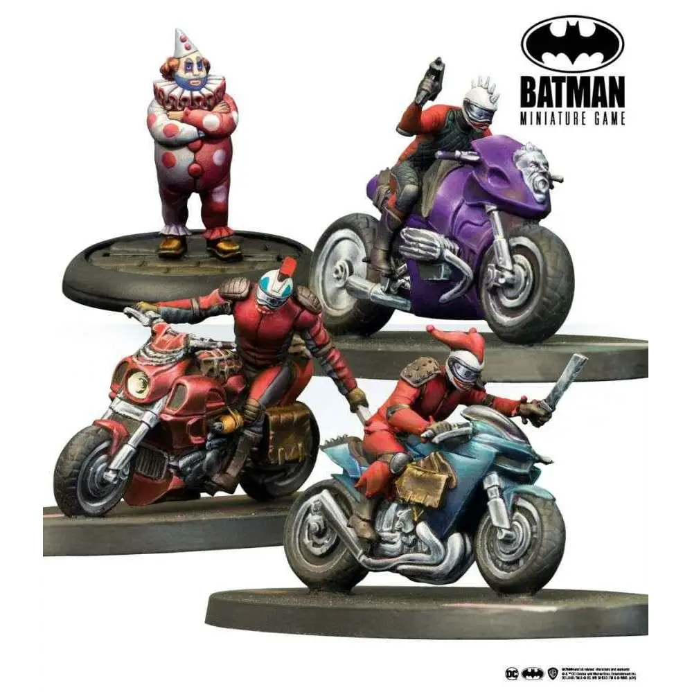 Lila motorcykel med silverdetaljer och skrämmande ansiktsdesign från Batman Miniature Game, i BMG Archie & Joker Bikers Miniatures