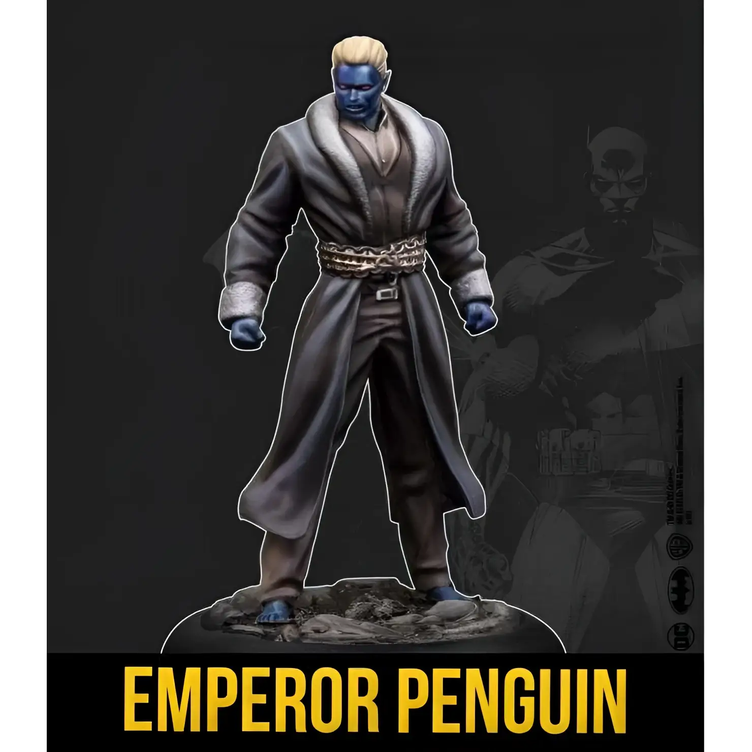 Blåhudad kejsarpingvin-figur i lång mörkgrå pälsfodrad mantel, Bmg 35 mm miniatyr