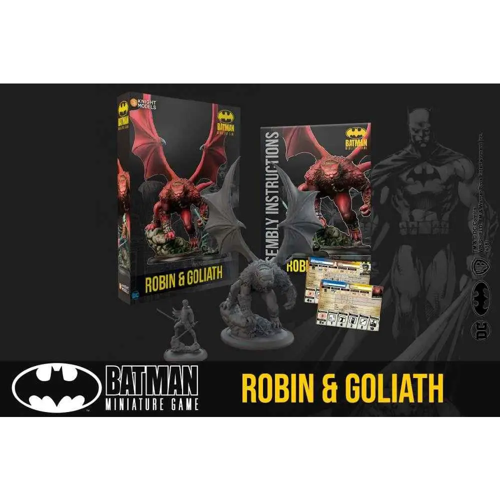 Batman Miniature Game Robin och Goliath premium miniatyrset med röd vingarmonster och grå rustad krigare