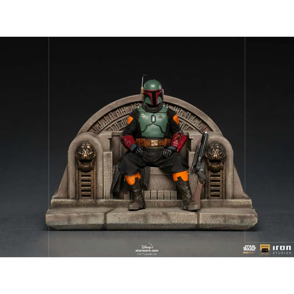 Boba Fett på tron deluxe 1/10-statyn i grön orange rustning på stenstol med skallegravyrer