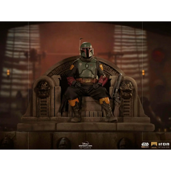 Boba Fett i Mandalorian rustning på detaljerad tron