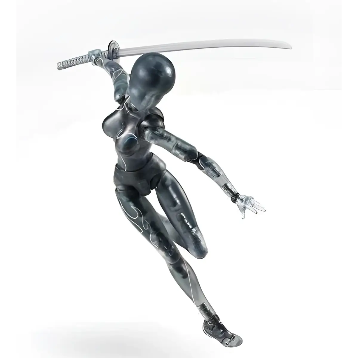 Svart metallfigur av kvinnlig ninja i dynamisk pose med svärd, Body Chan Världsturné