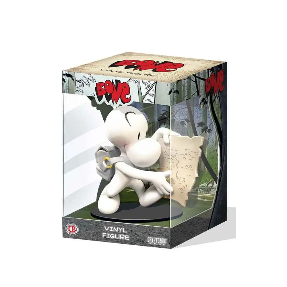 Vit Bone-vinylfigur i klar displaybox med gammal karta och ryggsäck från Out From Boneville