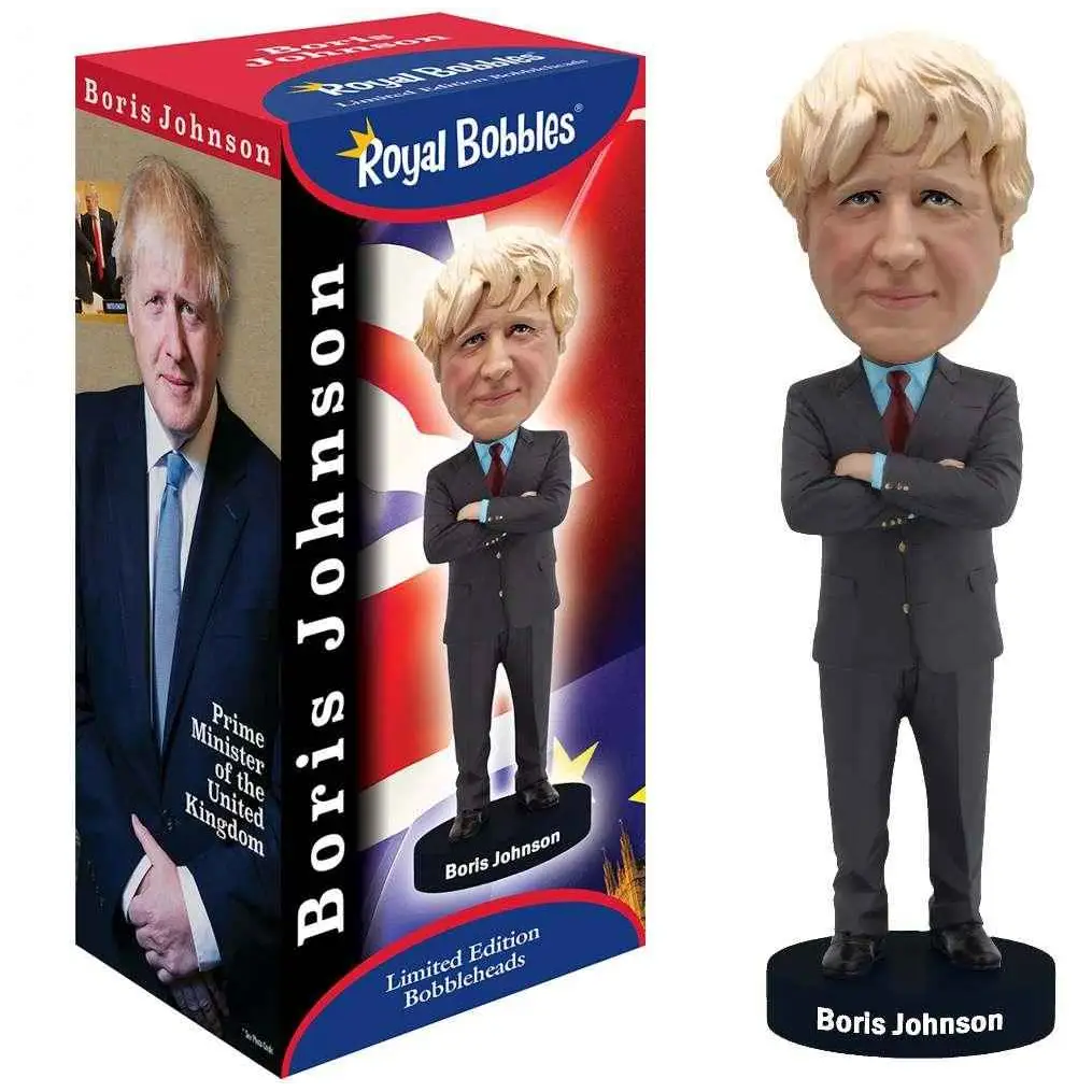 Boris Johnson bobblehead i mörkgrå kostym med ljusblå skjorta och rödbrun slips på svart bas