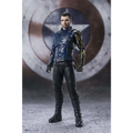 Blå och svart rustad Bucky Barnes-figur med metallisk texturerad högerarm