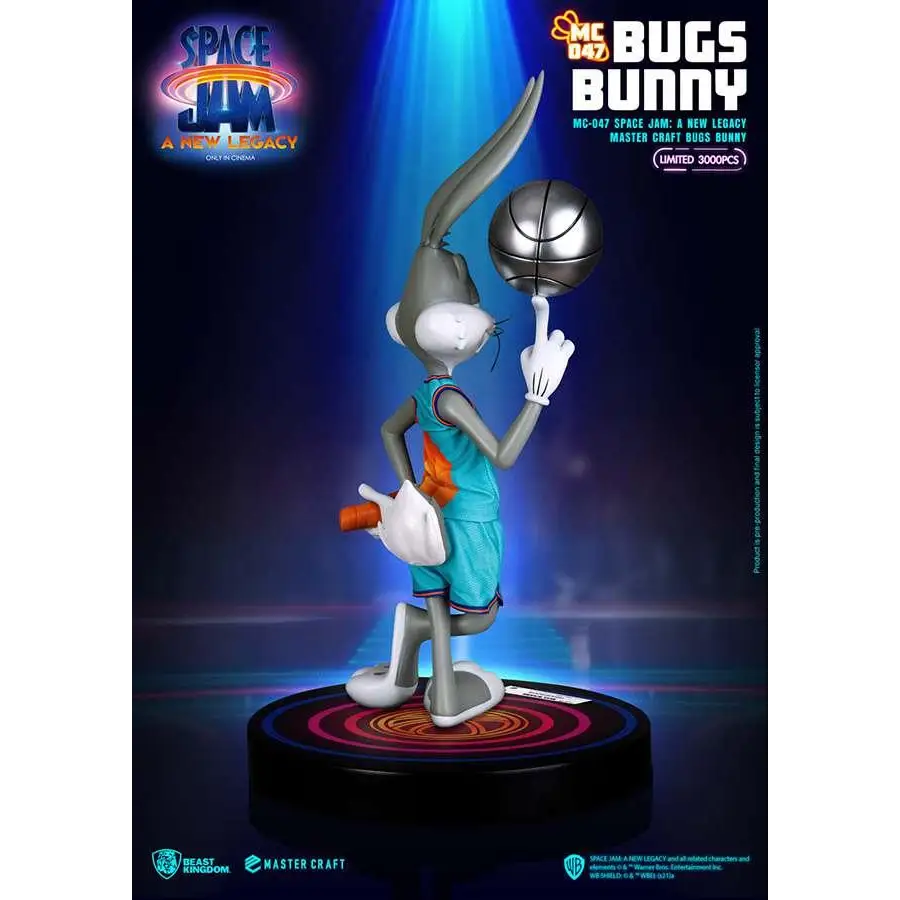 Gråvit Bugs Bunny-figur i turkos baskettröja med orange detaljer, balanserar silverbasket