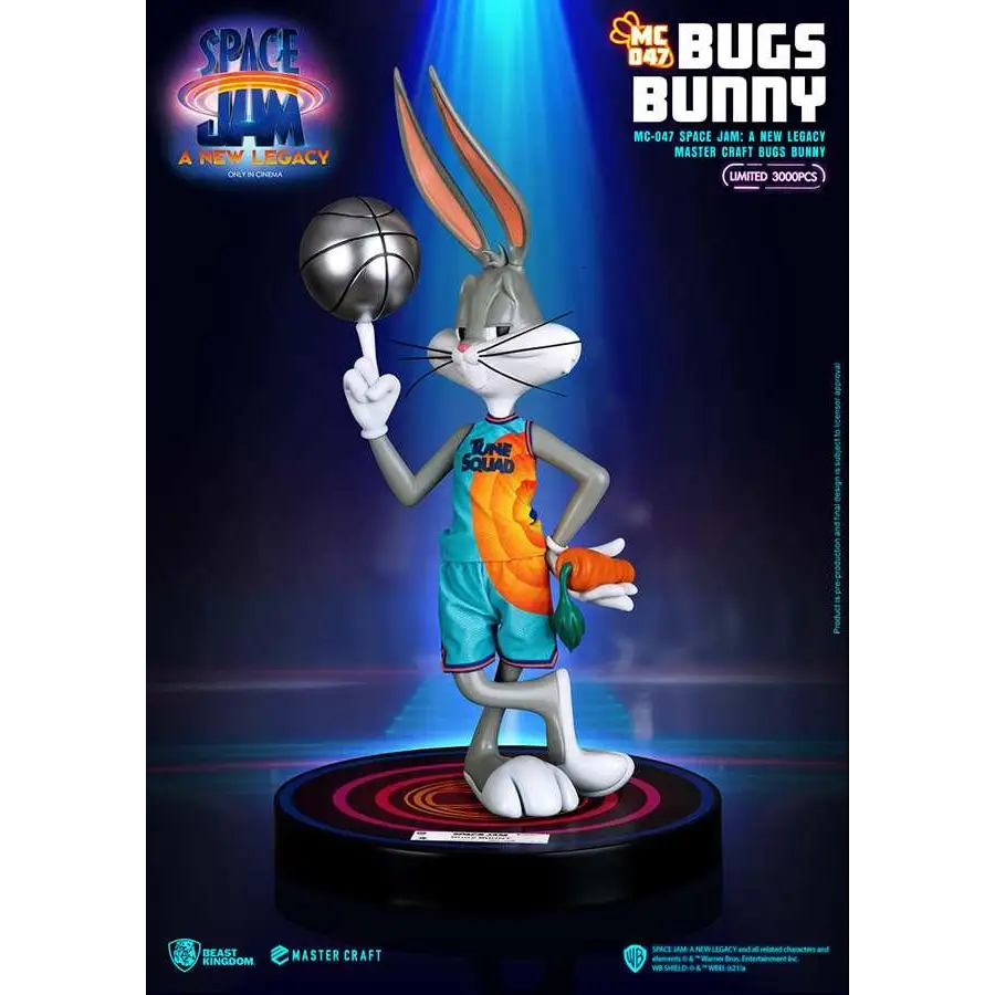 Gråvit Bugs Bunny-figur i turkosorange Tune Squad-tröja med silverbasketboll