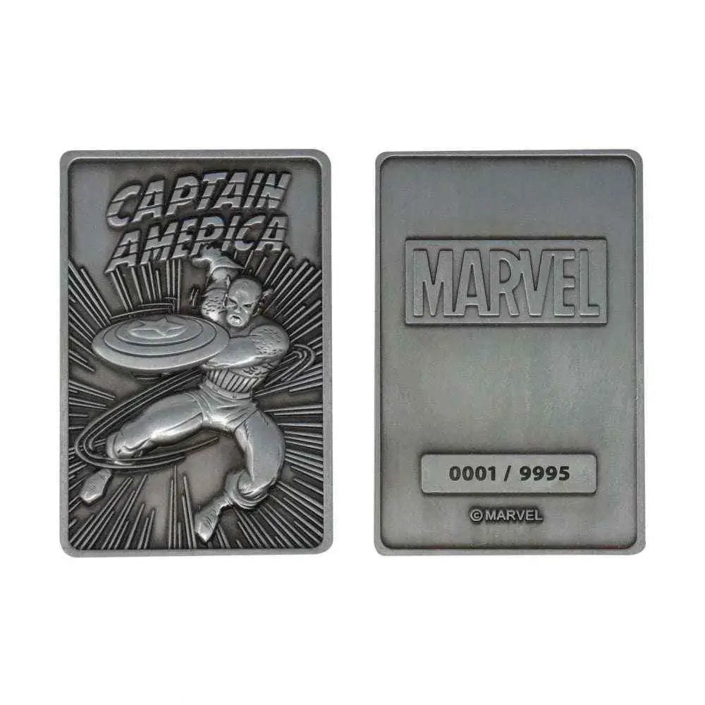 Silverfärgad rektangulär Captain America Samlar Ingot med detaljerad superhjälte i aktion och sköld