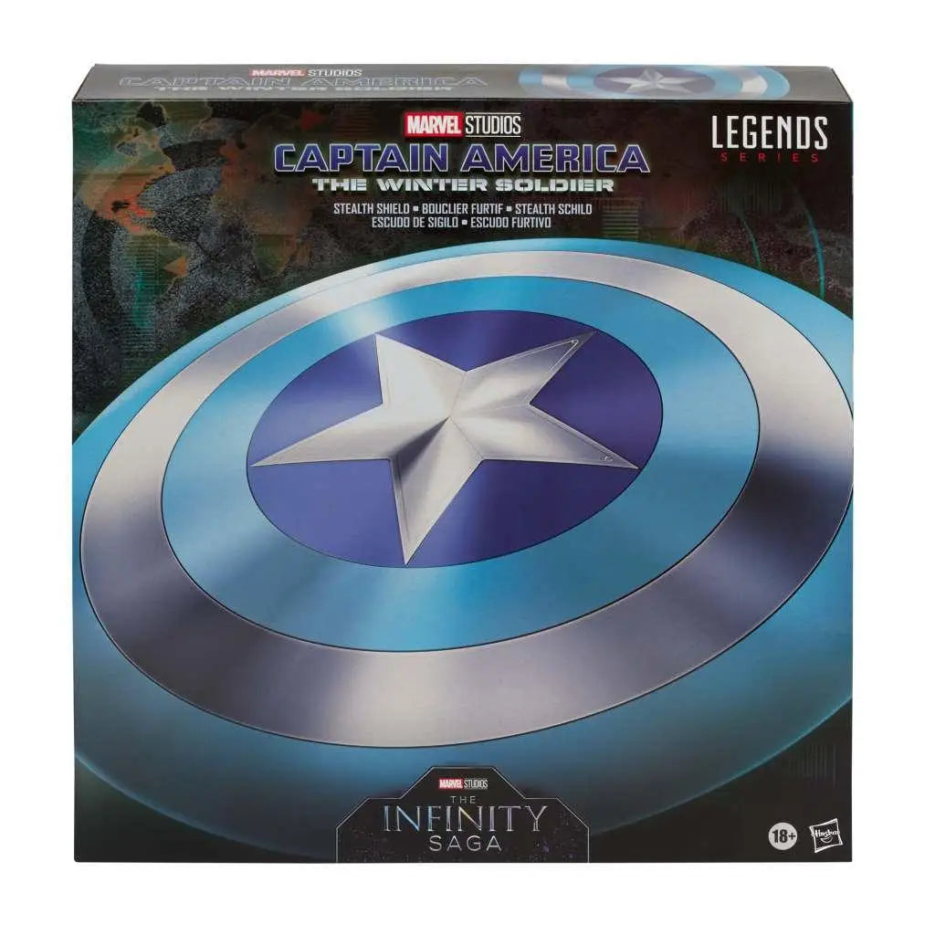 Blå och silverfärgad Captain America-sköld från Marvel Studios Legends-serien med metallfinish, koncentriska ringar och vit central stjärna