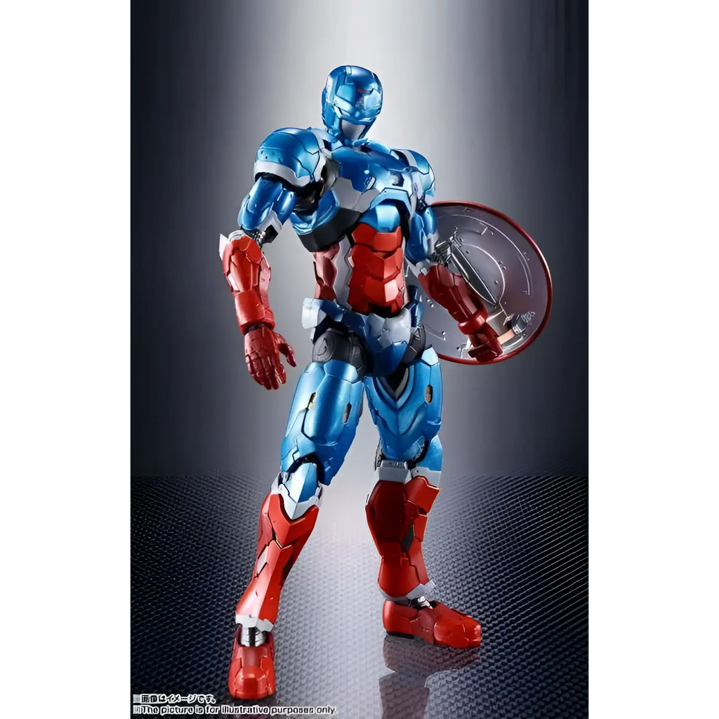 Blå och röd rustad Captain America S.H.Figuarts-figur med transparent sköld