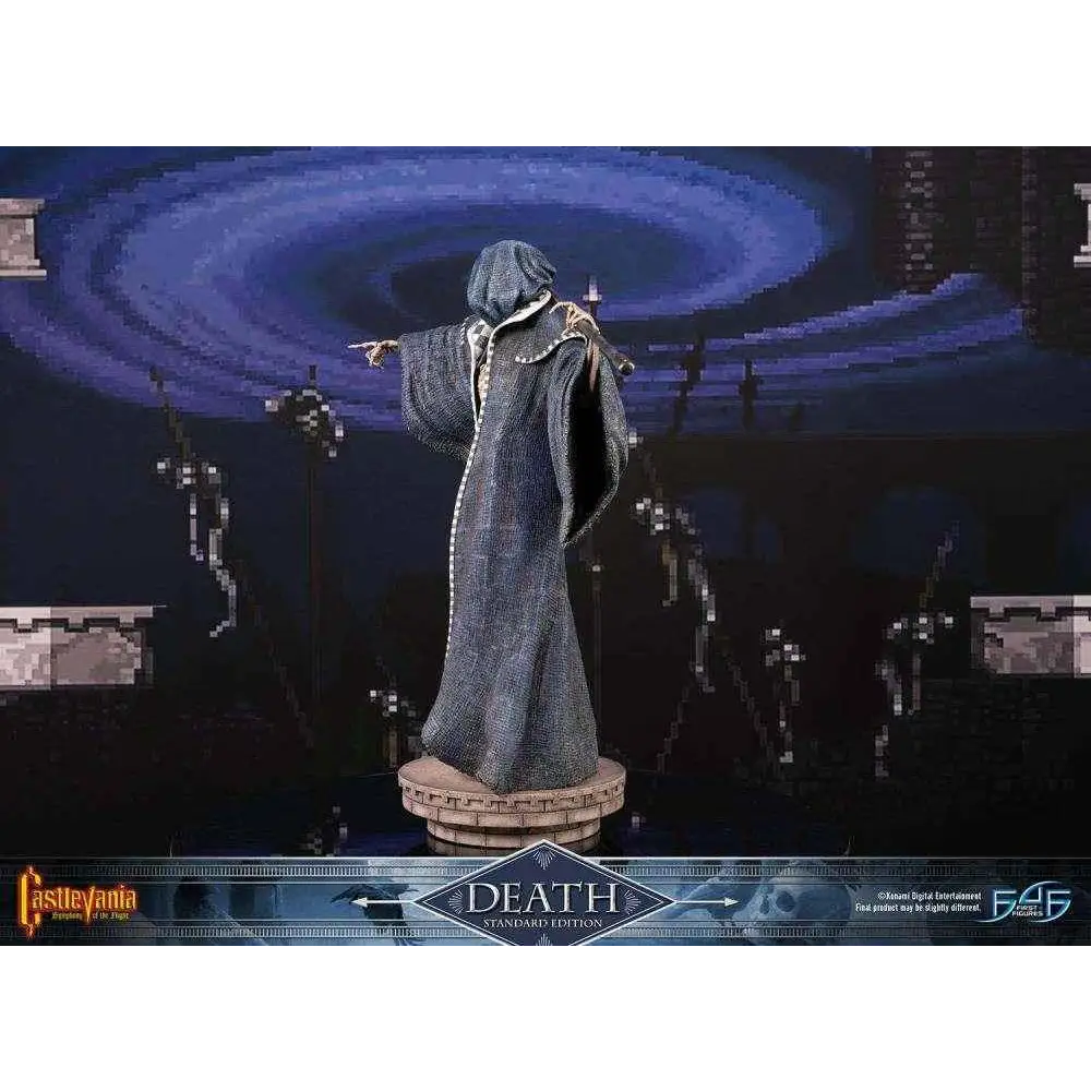 Dödsstaty från Castlevania: Symphony of the Night i mörkgrå kåpa med guld och vita pärlor