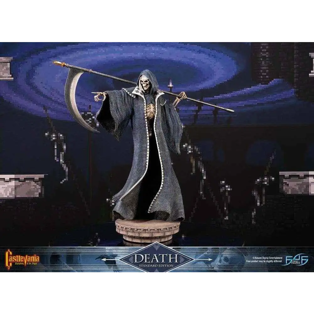 Dödsstaty från Castlevania Symphony of the Night, med mörkgrå kåpa och lie