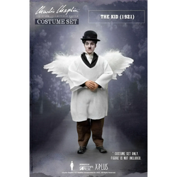 Vit Charlie Chaplin 1/6 änglakostymset med vita fjädrar, svart fluga och bruna byxor