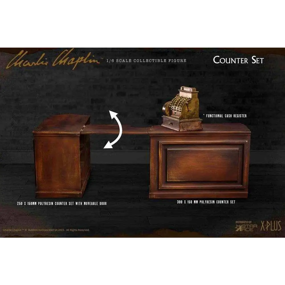 Gul vintage kassa i Charlie Chaplin 1/6 Counter Set, detaljerad design