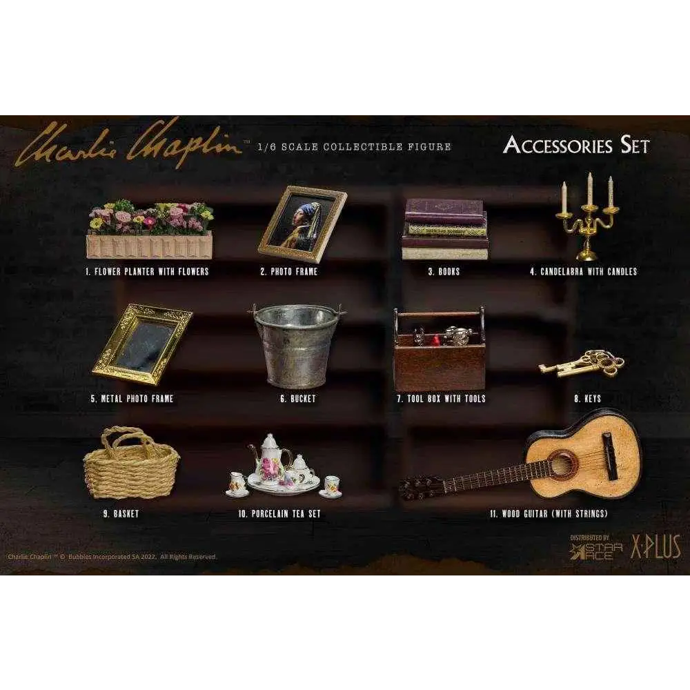 Trägitarr med strängar och naturlig träfinish i Charlie Chaplin 1/6 Tillbehörsset