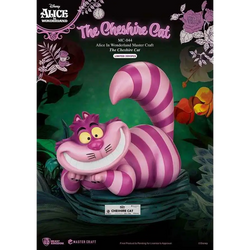 Verklig stor Cheshire Cat-staty från Alice i Underlandet med rosa och lila ränder, brett leende och gula ögon