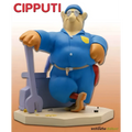 Blå Cipputi-figur i mekanikerkläder med skyddsglasögon och verktygsbälte vid lila verktygslåda