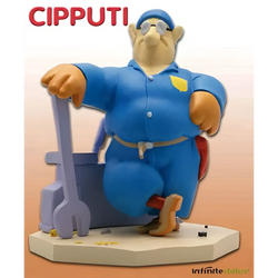 Blå Cipputi-figur i mekanikerkläder med skyddsglasögon och verktygsbälte vid lila verktygslåda