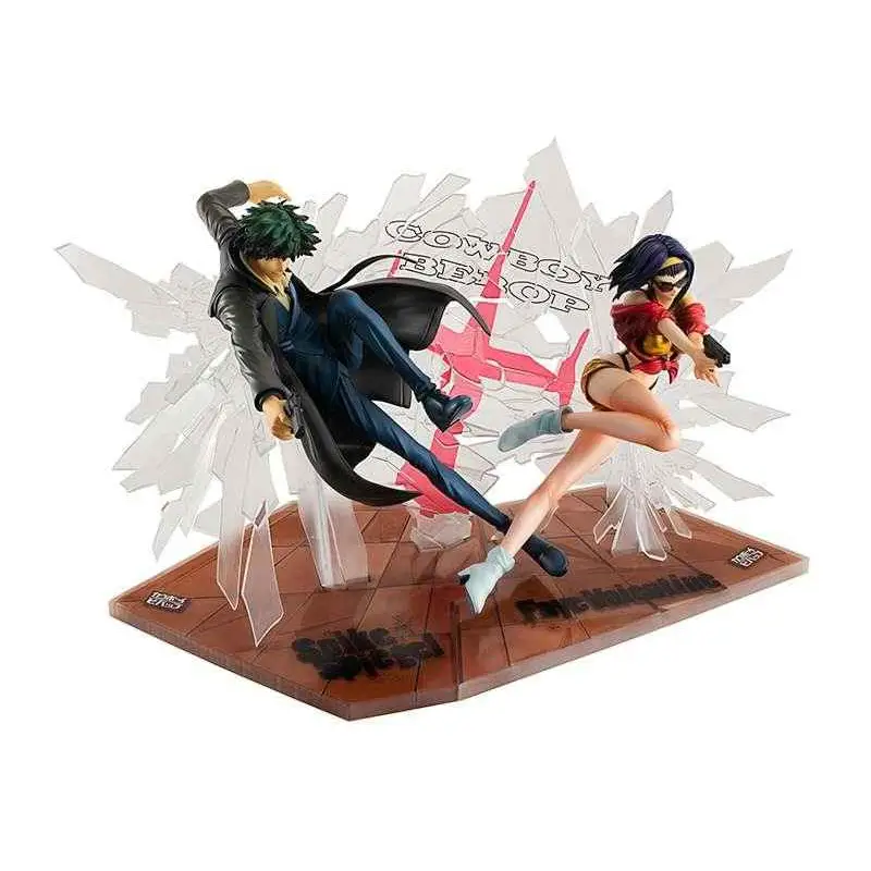 Svart och blå Spike med Faye i rött, Cowboy Bebop statyettset i dynamisk pose