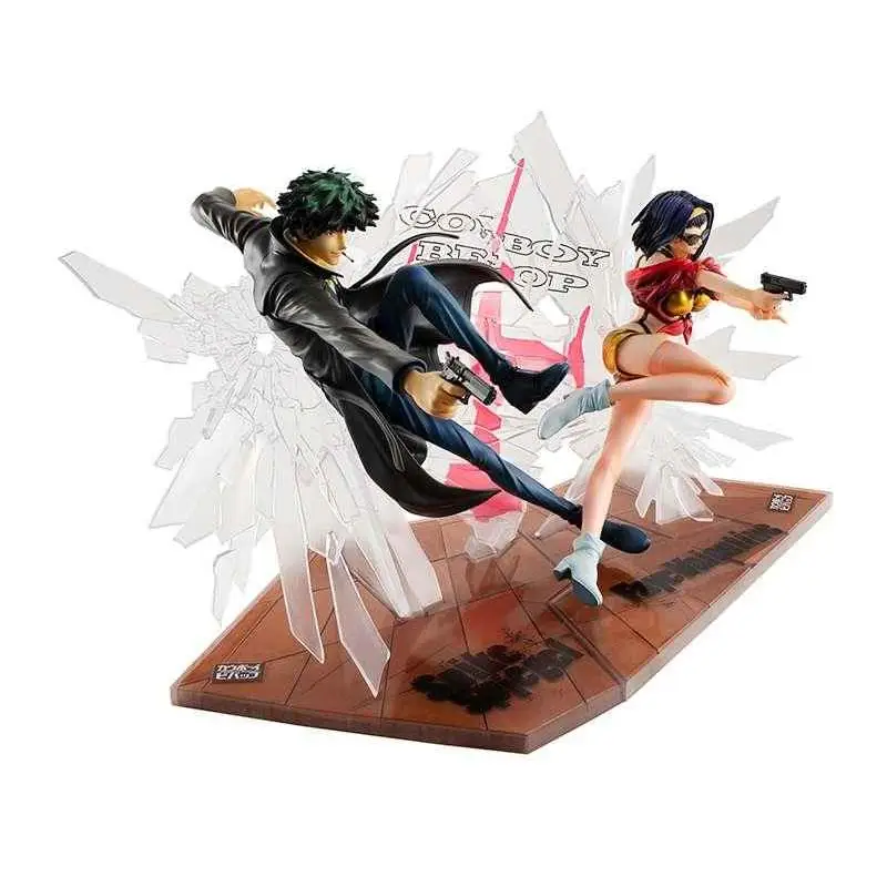 Cowboy Bebop Spike och Faye i dynamisk stridspose med pistoler