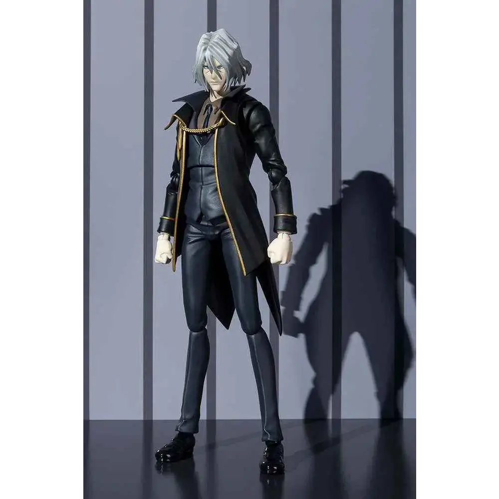 Svart och guld S.H.Figuarts Cowboy Bebop Vicious actionfigur med silverhår och elegant mantel