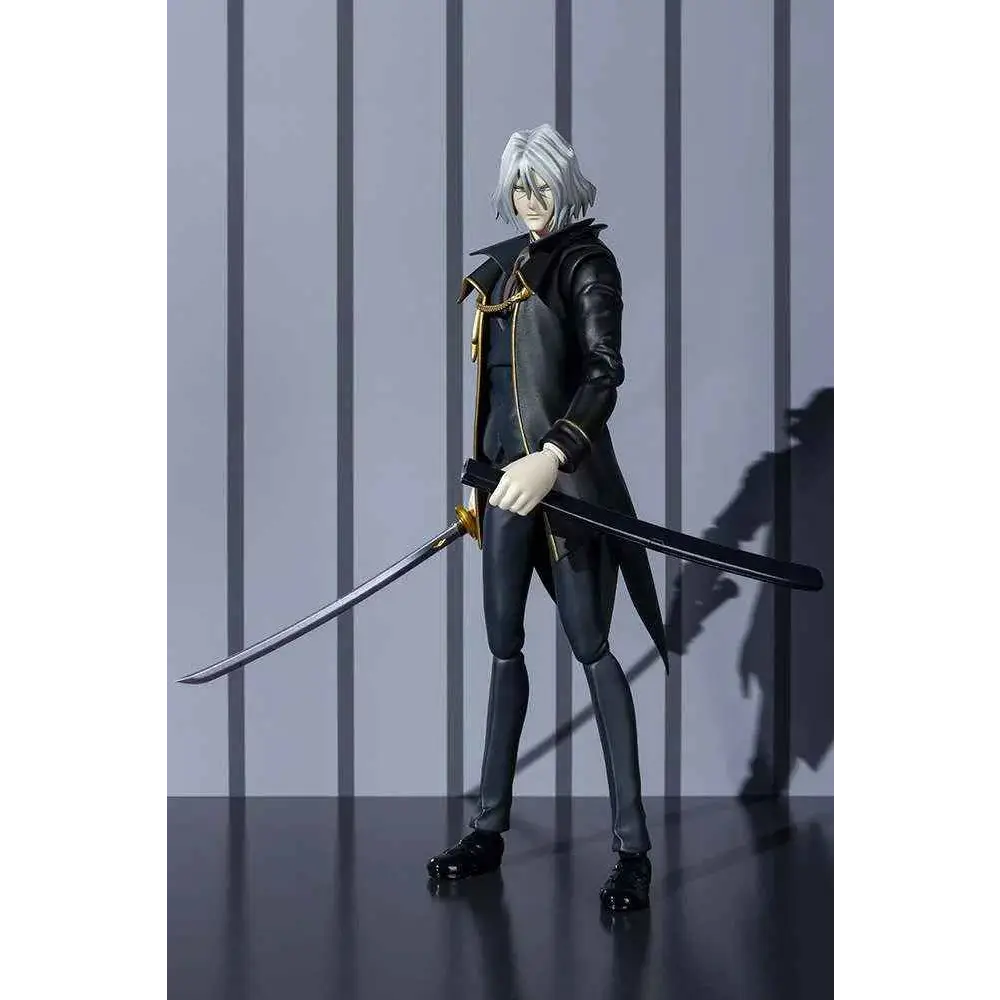 Svart och guld rustad figur med silverfärgat hår håller långt svärd, Cowboy Bebop Vicious