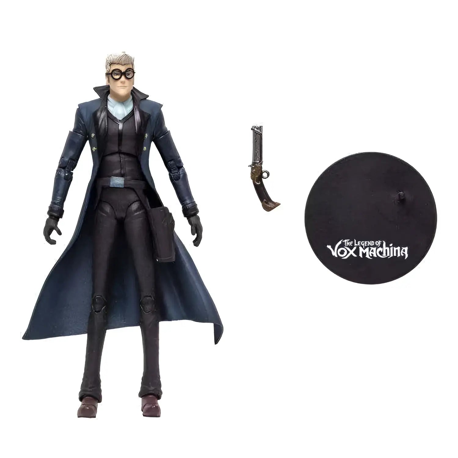 Svart vinylactionfigur av Percy från Critical Role Vox Machina i lång mantel och skyddsglasögon med pistolaccessoar