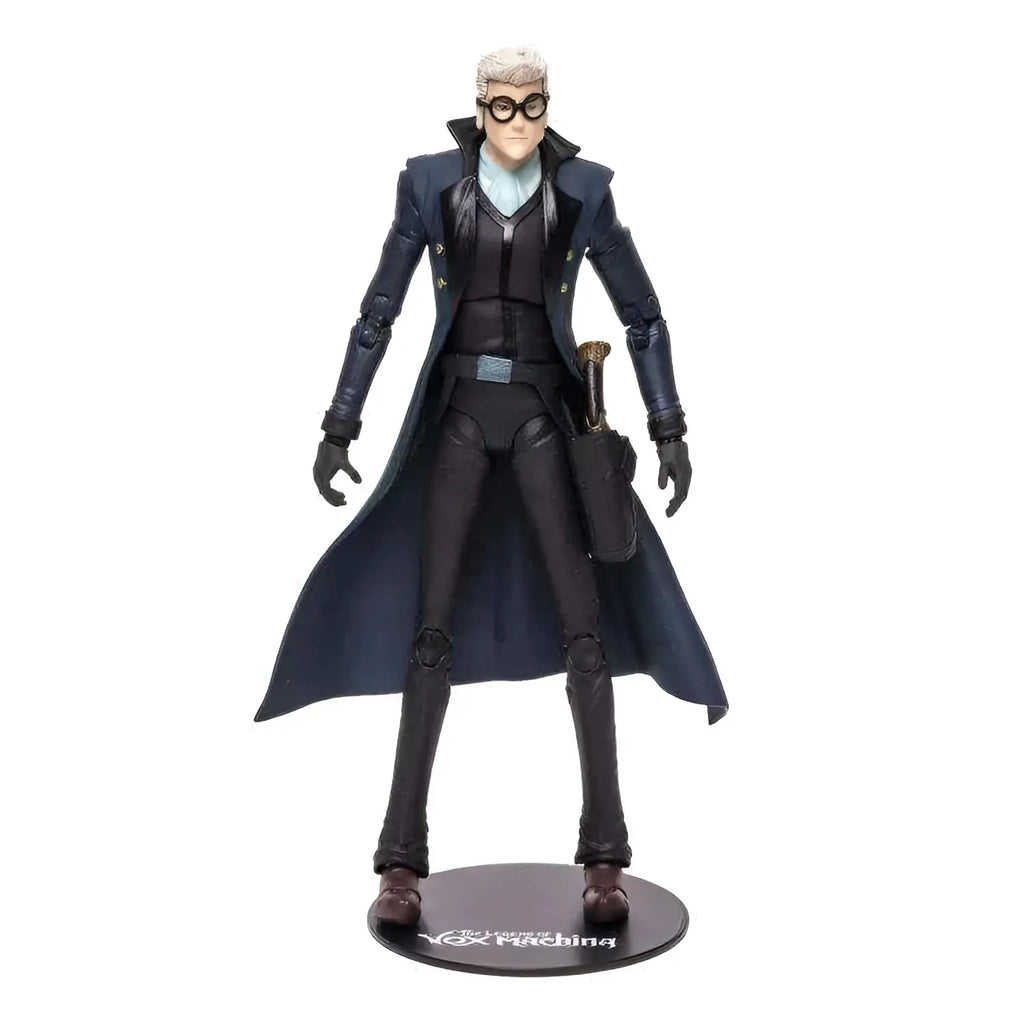 Svart och grå artikulerad actionfigur av Percy från Critical Role Vox Machina, vit hår, glasögon, lång mantel