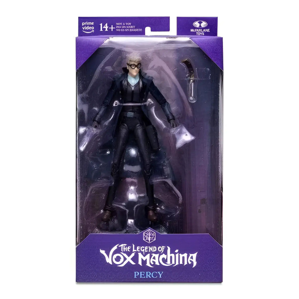 Svart PVC-aktionsfigur av Percy från Legend of Vox Machina i lila box