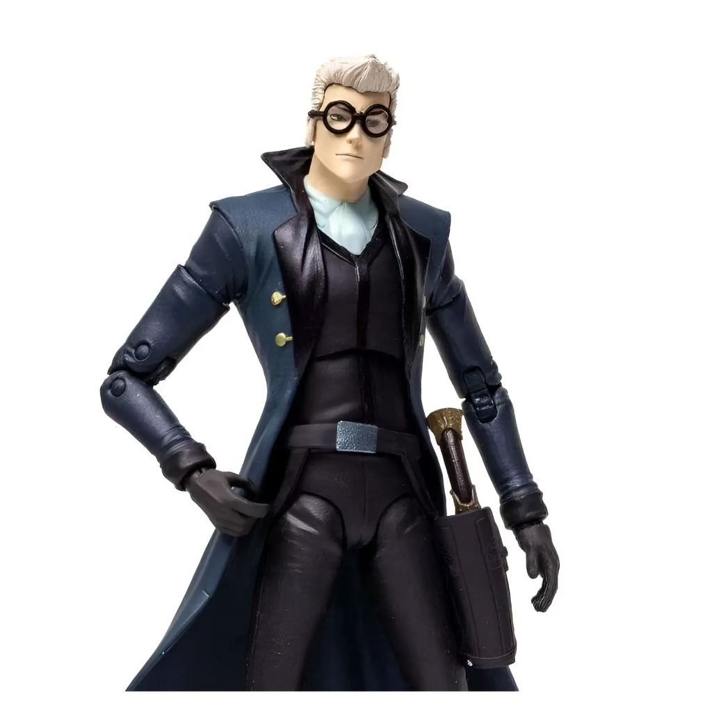 Svart och mörkblå Critical Role Vox Machina Percy-figur med silverkantade glasögon och lång mantel