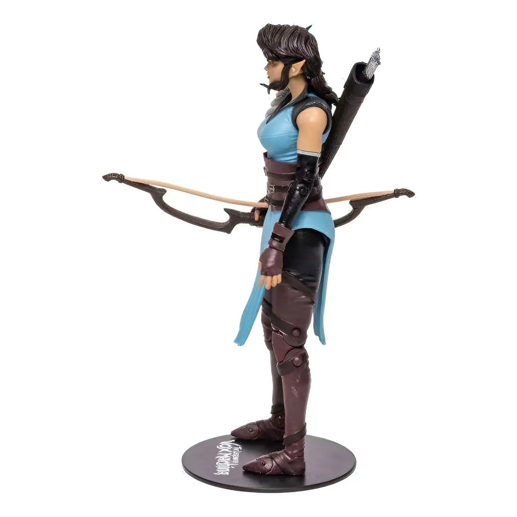 Blå och brun fantasybågskytt Vexahlia-figur från Critical Role Vox Machina med detaljerad rustning och pilbåge över axeln