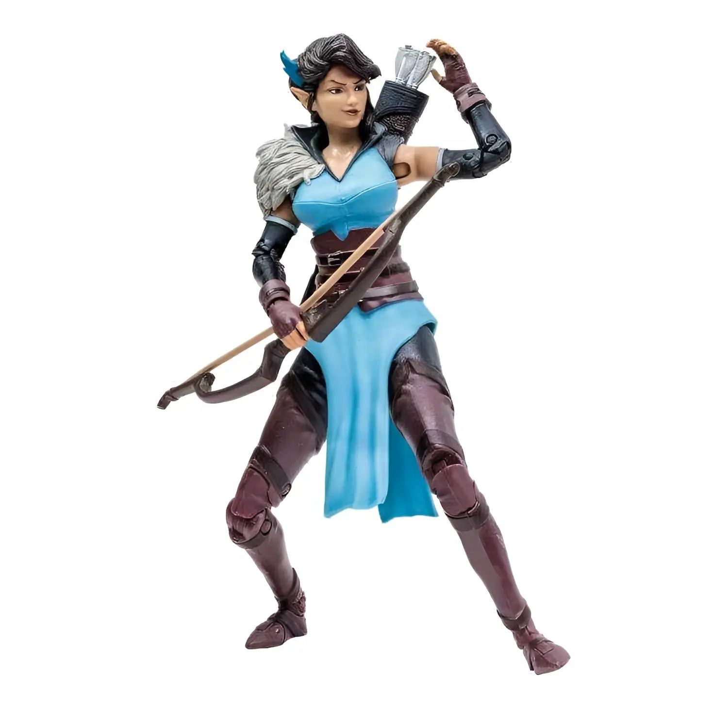 Blå och brun fantasybågskytt Vexahlia från Critical Role Vox Machina, detaljerad rustning och pilkoger