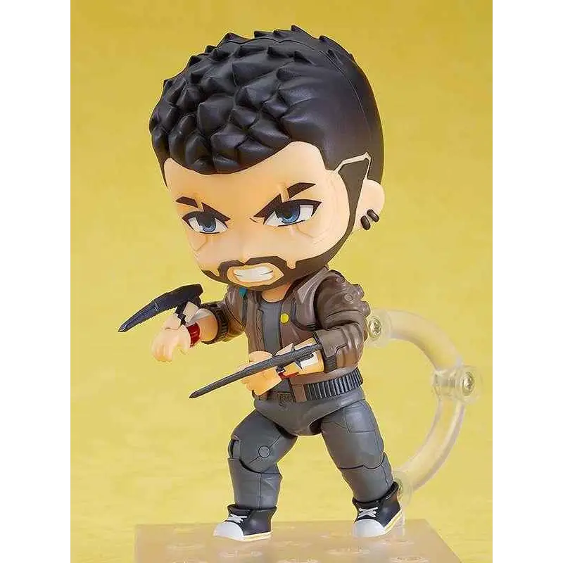 Cyberpunk 2077 Nendoroid V actionfigur med svart hår, skägg, brun läderjacka, grå byxor och vita sneakers