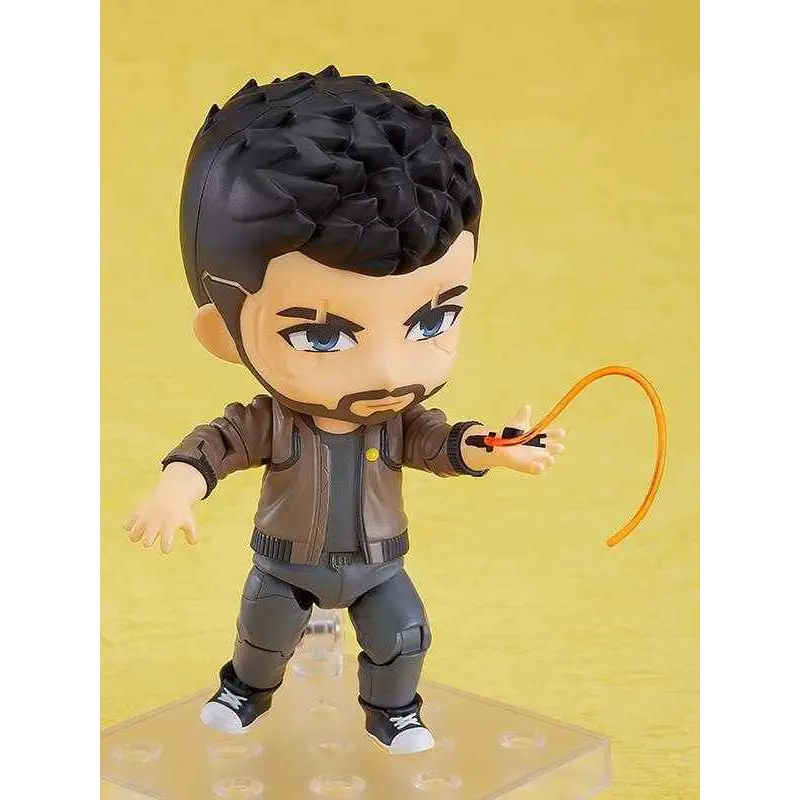 Cyberpunk 2077 Nendoroid V actionfigur med svart hår, blå ögon, brun jacka, grå byxor och vita sneakers